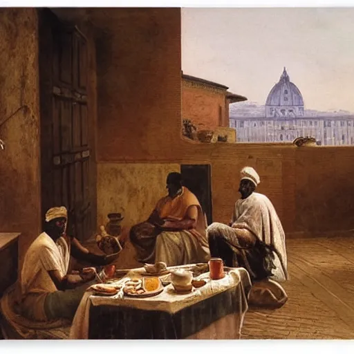 Image similar to a nubian eating breakfast, buildings in rome by martinus rørbye