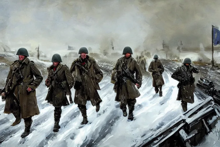 Prompt: intense vibrant film still of infantry wearing trenchcoats charging across a snowy bridge, ww 2 normandy foy arnhem 1 9 4 4, oil painting by john singer sargent, adrian smith, greg rutkowski, trending on artstation