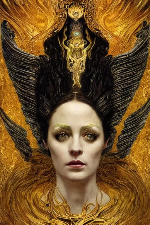 Image similar to Intermittent Chance of Chaos Muse by Karol Bak, Jean Deville, Gustav Klimt, and Vincent Van Gogh, beautiful portrait of Rebirth, Loki's Pet Project, Poe's Angel, Surreality, inspiration, imagination, muse, otherworldly, fractal structures, arcane, ornate gilded medieval icon, third eye, spirals