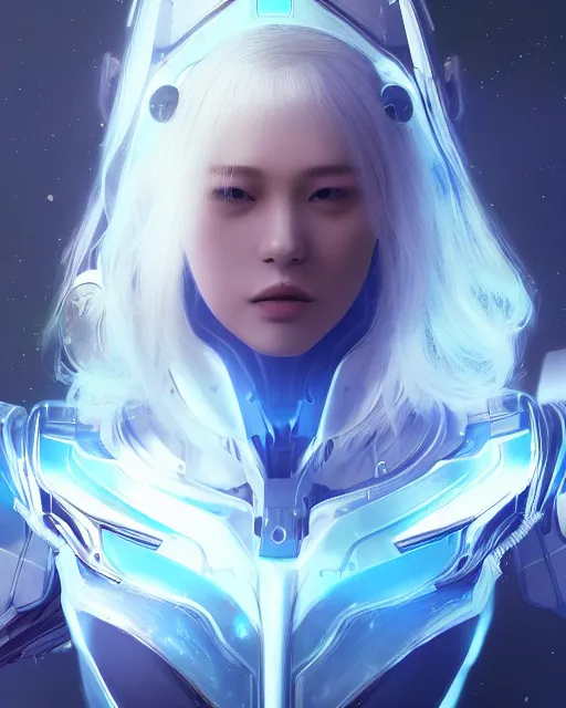 Image similar to perfect android girl on a mothership, warframe armor, beautiful face, scifi, futuristic, galaxy, nebula, raytracing, dreamy, long white hair, blue cyborg eyes, sharp focus, cinematic lighting, highly detailed, artstation, divine, by gauthier leblanc, kazuya takahashi, huifeng huang