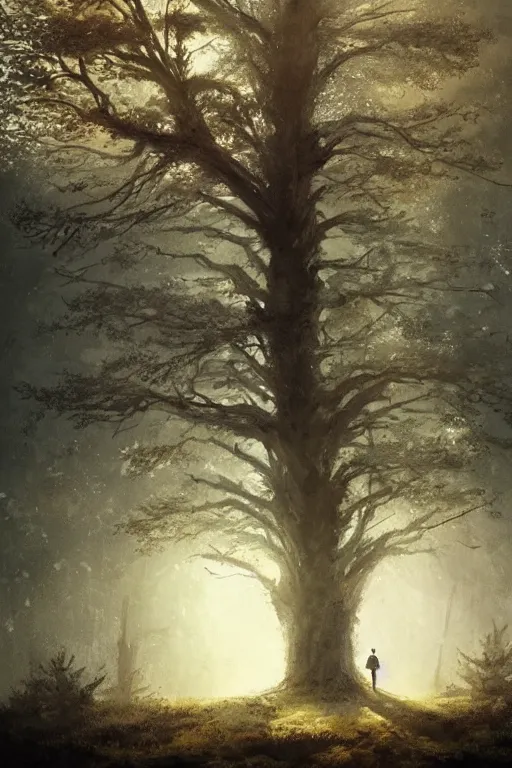 Prompt: The lonely tree in the middle of the forest, illustrated by Greg Rutkowski and Caspar David Friedrich., Trending on artstation, artstationHD, artstationHQ, 4k, 8k
