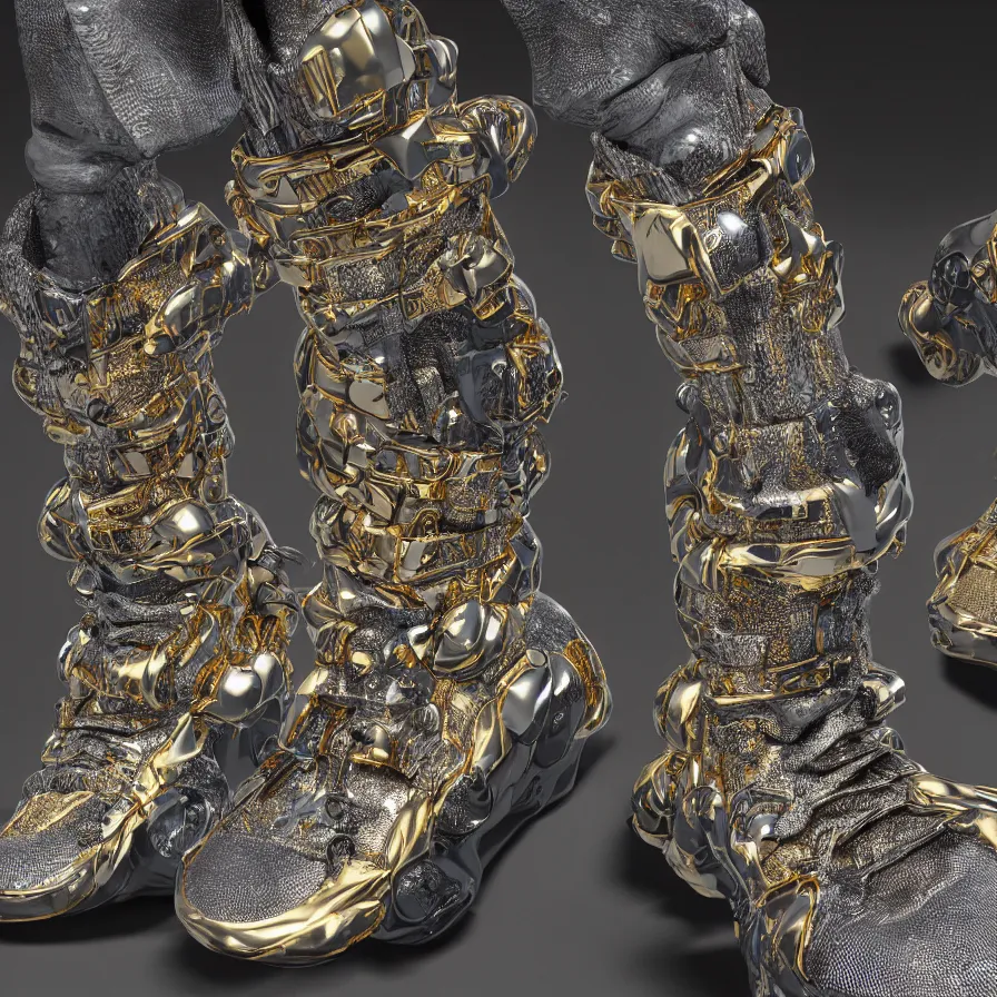 Image similar to futuristic balenciaga sneakers, nft art, highly detailed, hyper realistic, a ton of bussdown iced gold bling in wallace & gromit strata - cut claymation, ultra realistic, concept art, intricate details, serious, highly detailed, photorealistic, octane render, 8 k, unreal engine