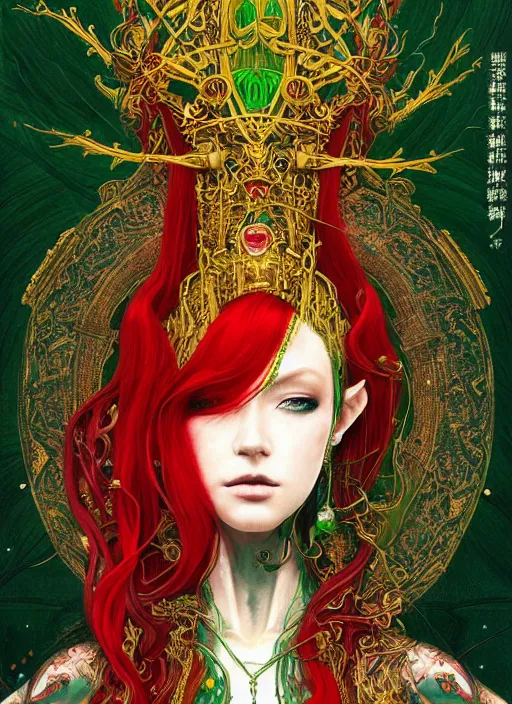 Image similar to a painting of a beautiful cyberpunk elven queen with long red hair, wearing green, red and gold ornate dress, golden intricate crown,. detailed symmetrical full body portrait, intricate complexity, concept art, by takato yamamoto, wlop, krenz cushart. cinematic dramatic atmosphere, sharp focus