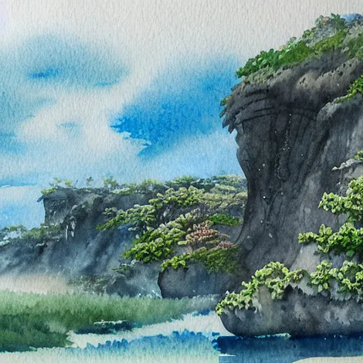 Prompt: detailed watercolor of a lush natural scene on an alien planet by stephen wong. beautiful landscape. weird colourful vegetation. cliffs and water.