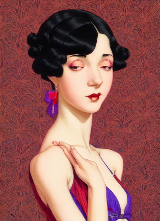 Image similar to a beautiful dancer with black hair in 1920's fashion, living room background, intricate, highly detailed, digital painting, artstation, official media, anime key visual, concept art, rich vivid colors, ambient lighting, sharp focus, illustration, art by Artgerm, Makoto Shinkai, Ilya Kuvshinov, Lois Van Baarle, and Rossdraws