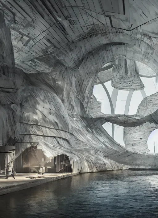 Image similar to art exhibition, architecture installation in biennale venezia, bioremediation white mining tailing futuristic horizontal architecture, epic, cinematic, hyperealistic, high detailed, corona render, hdr, ray tracing