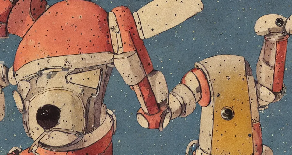 Prompt: a detailed illustration of a cute retro robot dog, alcohol inks on parchment, muted colors, detailed, textured parchment background, bosch, 1 9 5 0 s concept art