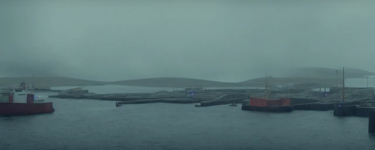 Prompt: the harbour at Stromness orkney, from Blade Runner 2049 (2017), cinematic,