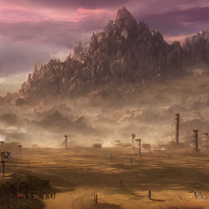 Image similar to large sprawling western town in the middle of a sandy flat desert with a single mountain on the very distant horizon. magic the gathering art, digital media