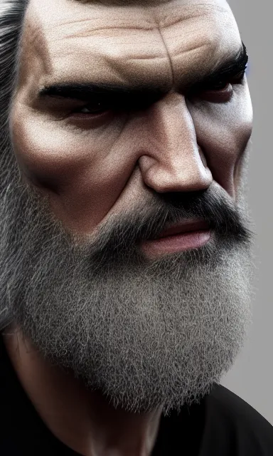Prompt: face closeup covered with 4 0 year old caucasian man, symmetric face, wize medium look, medium sized eyebrows, gren and grey eyes, pale skin, silver grey viking beard with some black hairs, shoulder long silver grey hair, 3 d render, hyper - realistic detailed portrait, ruan jia, wlop