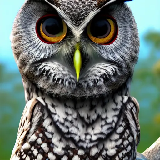 Prompt: eda the owl lady realistic photo, cinematic, unreal engine