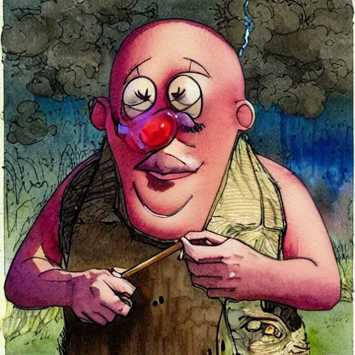 Prompt: a realistic and atmospheric watercolour fantasy character concept art portrait of mr. potato head with pink eyes wearing a wife beater and smoking a huge blunt by rebecca guay, michael kaluta, charles vess and jean moebius giraud