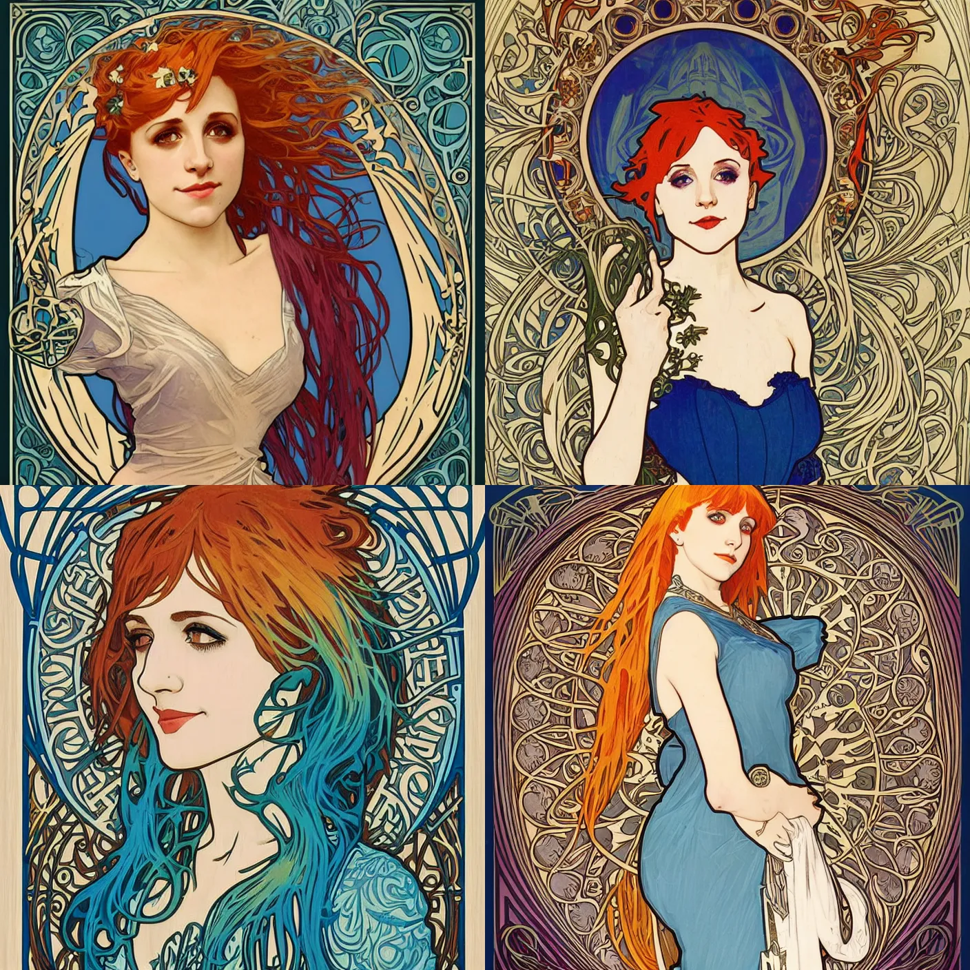 Prompt: Alphonse Mucha, art nouveau, wood carving, beautiful pretty female Hayley Williams Paramore, smile, symmetrical, symmetrical eyes, realistic, victorian blue dress, long red hair, full body action pose, gold green blue purple, Unreal Engine