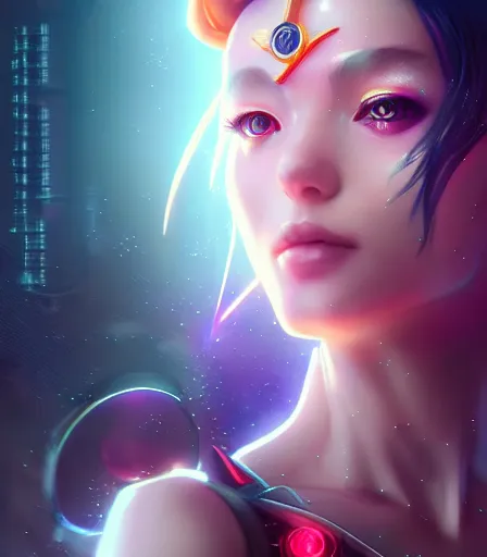 Prompt: beautiful portrait of the cyberpunk goddess Sailor Moon , character design by charlie bowater, ross tran, artgerm, and makoto shinkai, detailed, soft lighting, rendered in octane
