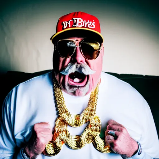 Prompt: dslr portrait photo still of!!! wilfred brimley!!! as a gangsta rapper with gold chains and gold teeth grills growling at camera and!!! showing his teeth!!!, 8 k, 8 5 mm f 1. 8