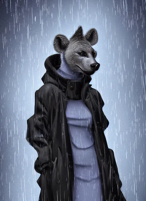 Prompt: digital artwork of anthromorphic hyena female, fursona, furry fandom, rainy cyberpunk setting, anthro, wearing large raincoat,