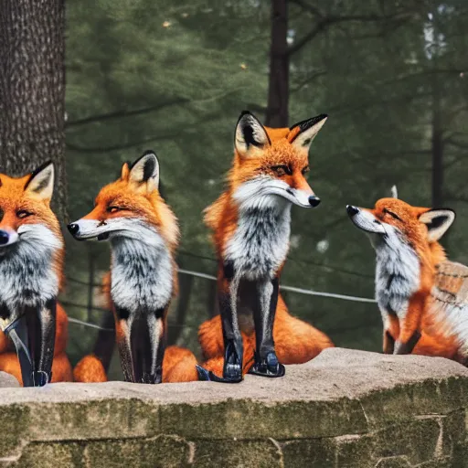 Image similar to a group of fox animals dressed in modern american military soldier uniforms, foxes laughing at a computer, 8 5 mm f / 1. 4