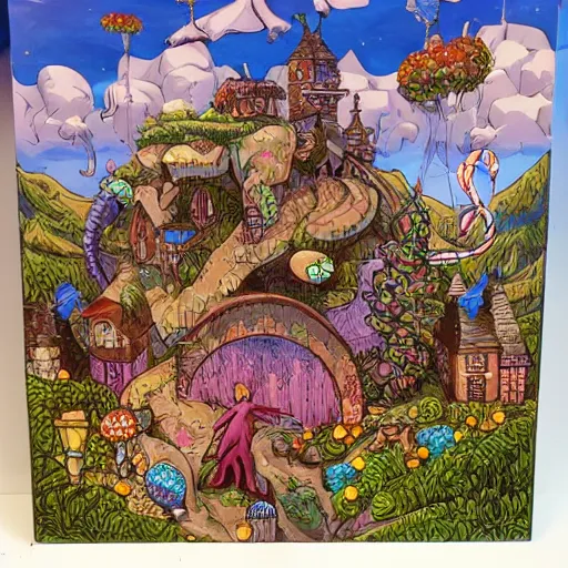 Prompt: acrylic painting, art in the style of Terry Moore, Moebius and Mohrbacher, a tiny village created out of candy with a river of chocolate, intricately detailed