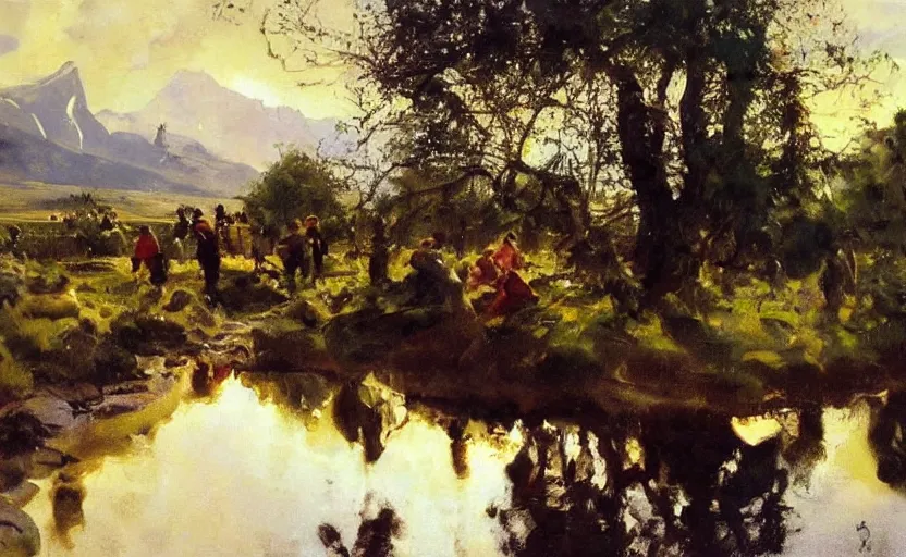 Image similar to oil painting lanscape by anders zorn, nature, fruit trees, very very very very beautiful art, dramatic light, water reflections, tall rocky mountains, police making arrests, detaining people, cop cars, sirens