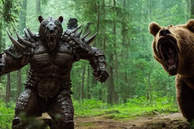 Image similar to vfx movie closeup detailed ancient armored warrior orc hunting riding large bear in the forest, natural lighting by emmanuel lubezki