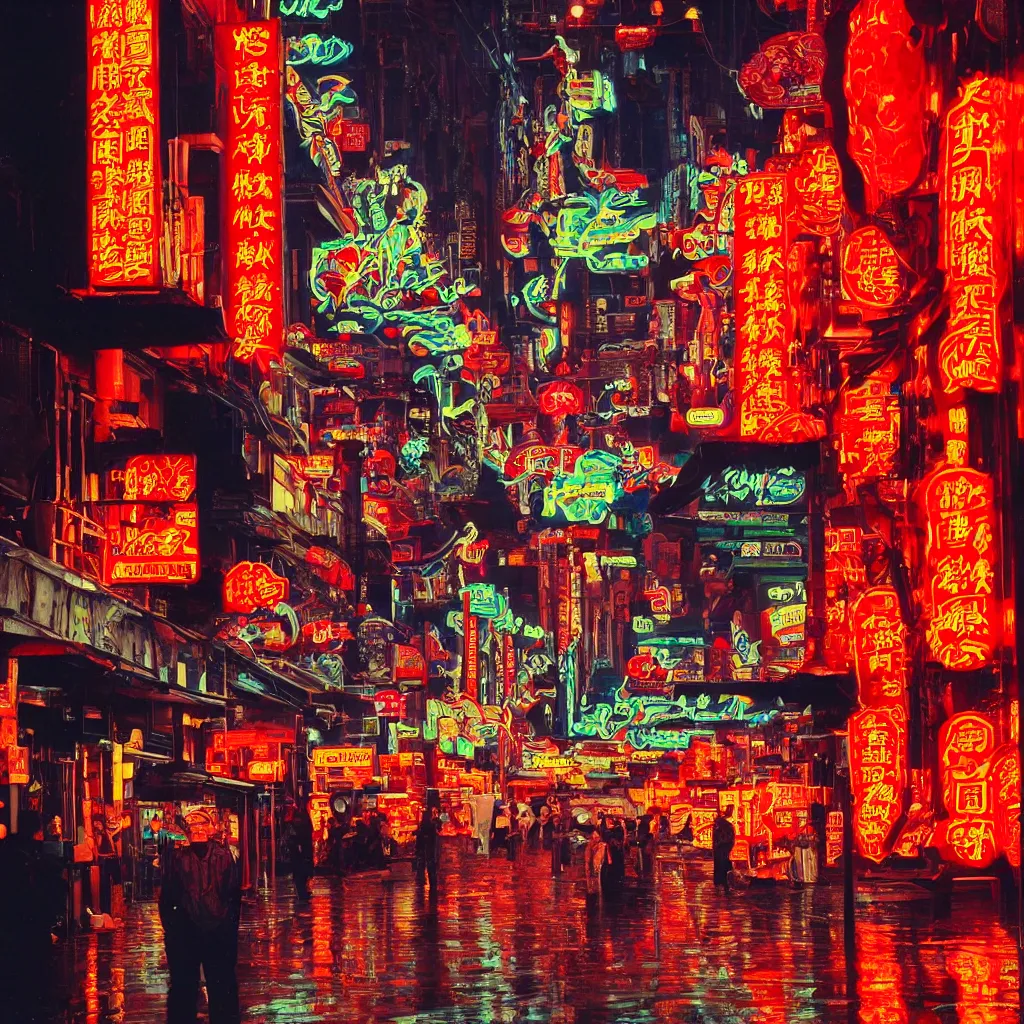 Image similar to a street lined with chinese casinos and nightclubs, bathing in lighting from neon signs, rainy afternoon, 1 9 9 5