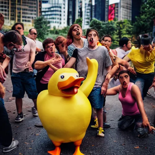 Image similar to angry rubber duck zombies biting terrified people, photography