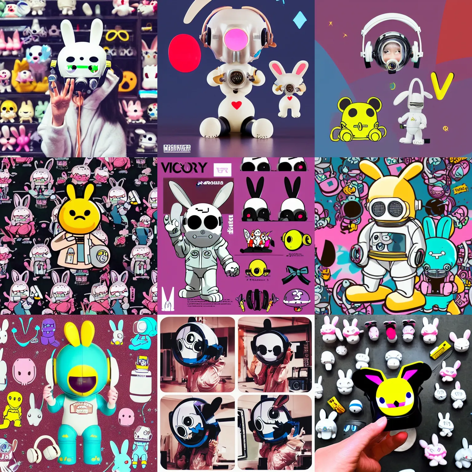 Prompt: a cute funny rabbit monster + cool headset + gas mask + astronaut helmet + victory gesture, garage kit, mandkaws, bearbrick, bt 2 1,