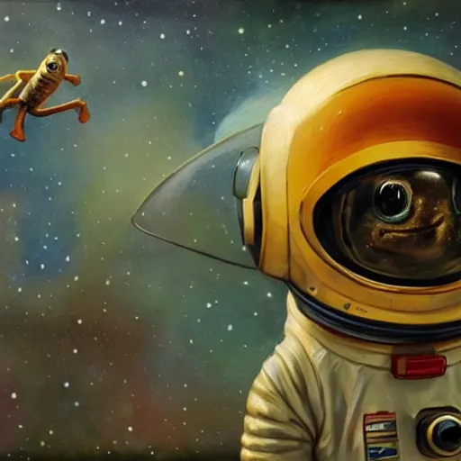 Image similar to long shot of a cute astronaut frog wearing an astronaut helmet, by esao andrews, by m. w. kaluta, by james web telescope, ultra humorous beautiful oil painting, cinematic space scenery, small depth of field, depth perception, volumetric light, rich colors, 3 d octane render, 8 k, conceptart, hyperdetailed, hyperrealistic, trending on artstation