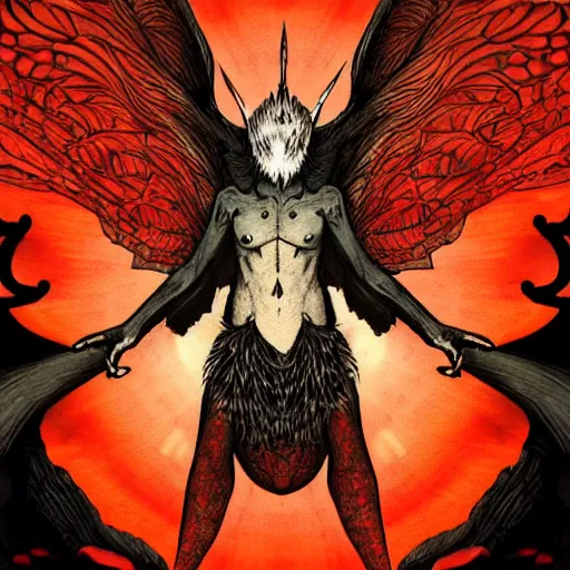 Image similar to 4K headshot of mothman holding something and bloody clothes with giant wings , intricate face , flawless anime cel animation by Kentaro Miura,psychedelic , highly detailed upper body , professionally post-processed , beautiful, scary, symmetry accurate features, epic, octane rendered, anime masterpiece, accurate