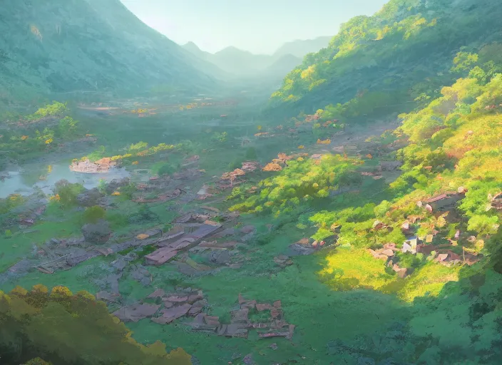 Prompt: concept art painting of a distant small woodland village by a river in a mountain valley seen from above, early morning, european japanese buildings, cel shaded, realistic, by makoto shinkai and moebius and anton fadeev and greg rutkowski and james gurney