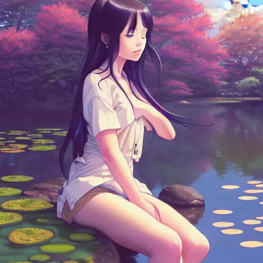 Prompt: a beautiful girl with long dark hair, sitting by a pond, japanese garden, daytime, sharp focus, intricate, digital painting, artstation, official media, anime key visual, highly detailed, rich vivid colors, ambient lighting, illustration, art by Artgerm, Makoto Shinkai, Ilya Kuvshinov, Lois Van Baarle, and Rossdraws