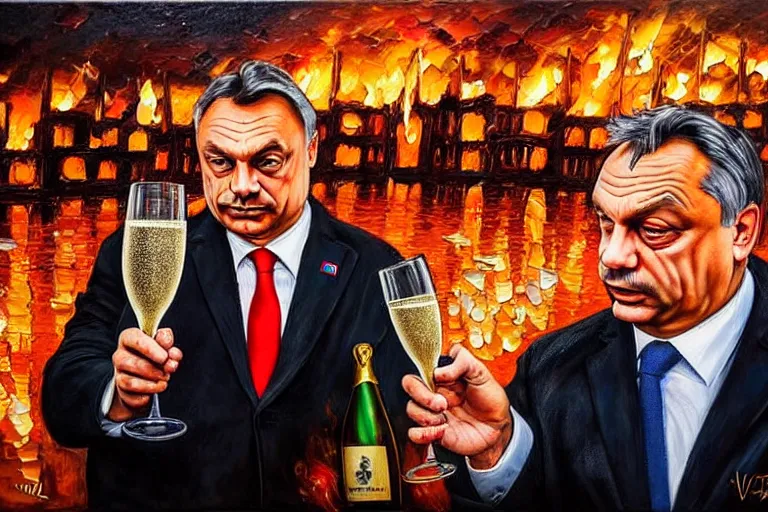 Image similar to viktor orban drinking champagne in front a burning city, highly detailed eyes, oil painting