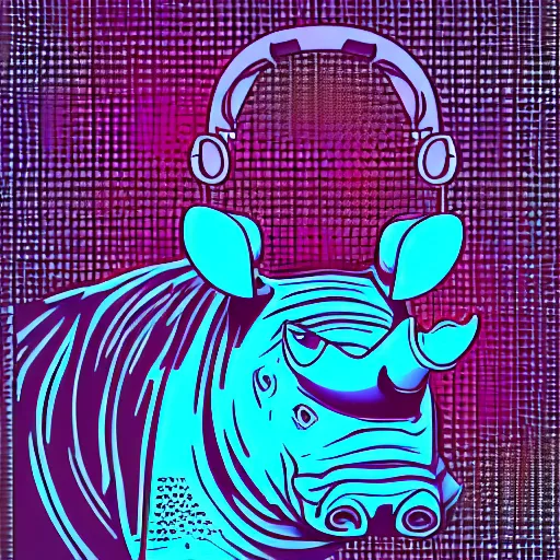 Image similar to a close up of a beautiful rhino wearing shades and headphones, in retro colors, synthwave style, 2 d digital vector art