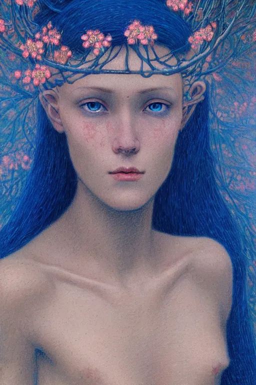 Image similar to portrait of beautiful young mainem, warhammer, russian style, cyber armor with scars, a lot of more scars, more and more flowers, blue head, the middle ages, highly detailed, artstation, illustration, art by jean delville, 8 k quality