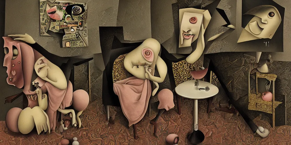 Prompt: a bizarrely detailed representation of a liminal fever dream by mark ryden, johannes helgeson, and juan gris