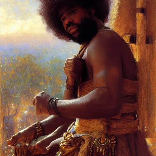 Prompt: a medieval carpenter, afro-featured, relaxing after work, candid, fantasy character portrait by gaston bussiere, craig mullins