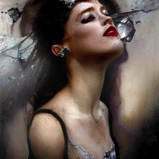 Image similar to hyperrealistic portrait of a woman as amber heard as a vampire witch tears makeup dramatic in a black flower coat reflection in a stone mirror portrait cracks with falling petals. by jeremy mann and alphonse mucha, fantasy art, photo realistic, dynamic lighting, artstation, poster, volumetric lighting, very detailed faces, 4 k, award winning