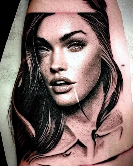 Prompt: creative double exposure effect tattoo design sketch of megan fox faded with beautiful mountain scenery, realism tattoo, in the style of matteo pasqualin, amazing detail, sharp