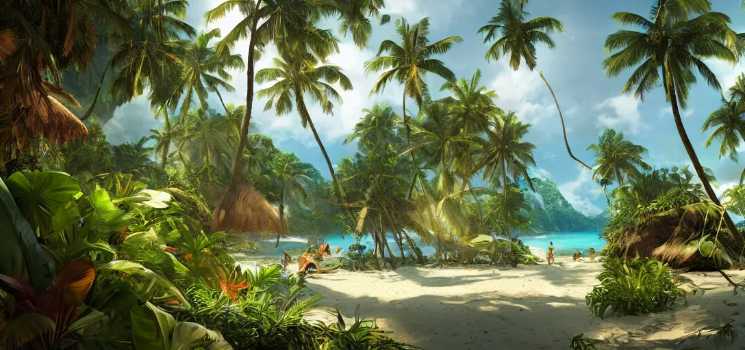 Image similar to beautiful tropical island beach, lush vegetation, white sand beach, tropic plants and flowers, clear water, dramatic lighting, cinematic, establishing shot, extremely high detail, foto realistic, cinematic lighting, post processed, concept art, artstation, matte painting, style by eddie mendoza, raphael lacoste, alex ross