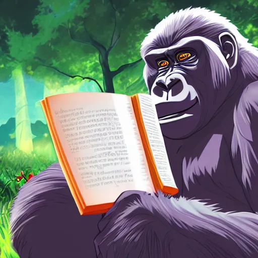 Image similar to gorilla reading a book, anime, digital art,