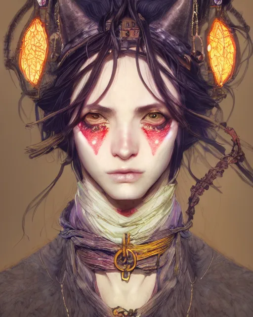 Image similar to portrait of a village witch, beautiful, fantasy, colorful, cinematic lighting, artstation, trending, highly detailed, focus, smooth, by hirohiko araki and yoshitaka amano