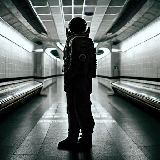 Image similar to a beautiful photo of an astronaut waiting in a subway station, 1970', soft light, morning light, photorealistic, realistic, octane, 8k, cinematic shot