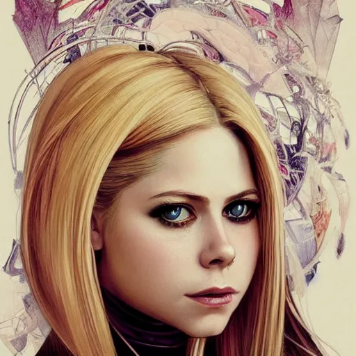 Prompt: portrait of Avril Lavigne, looking at camera, D&D, intricate, elegant, stylish, serious expression, fantasy, extremely detailed, digital painting, artstation, concept art, smooth, sharp focus, illustration, stunning lighting, art by artgerm and greg rutkowski and alphonse mucha and simon stalenhag.