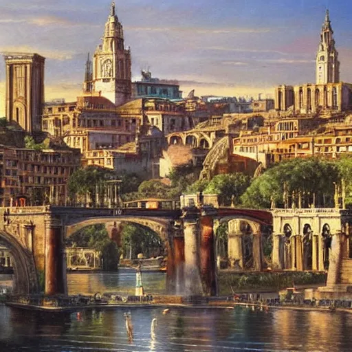 Image similar to by gabriele dell'otto blocks, unified aztec, ancient roman painting. a beautiful print of a cityscape with tall spires & delicate bridges.