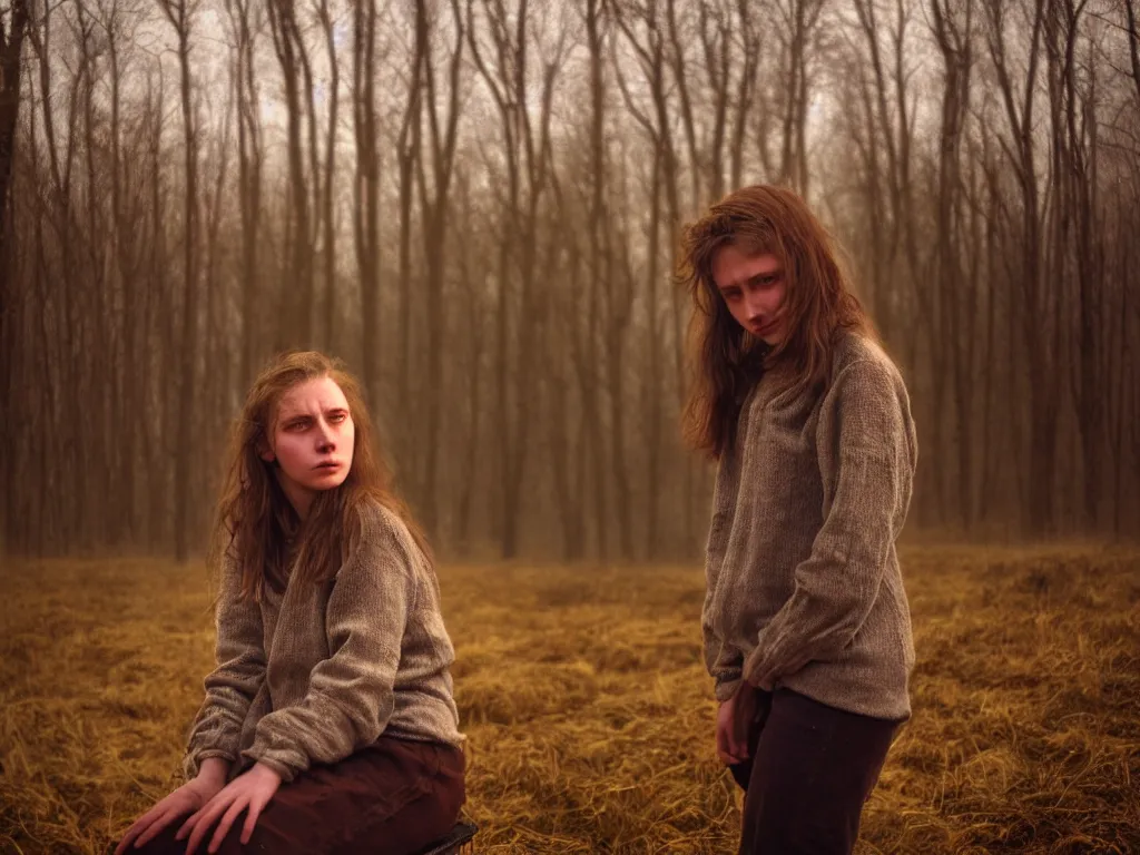 Image similar to medium shot portrait bust of young woman sitting on fence, tired expression, faded color film, russian cinema, tarkovsky, technicolor, heavy forest, wood cabin in distance, shallow depth of field, long brown hair, old clothing, heavy fog, brown color palette, sunset, low light, hudson river school, 4 k, dramatic lighting