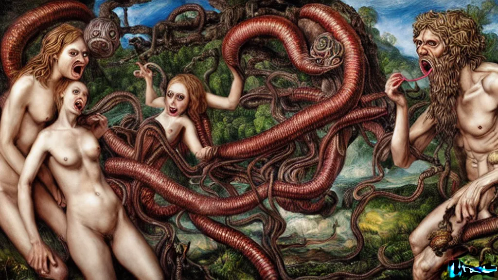 Prompt: Adam and eve with a screaming worm monster, maximalist, high detail, 8k, ornate, dark fantasy, realistic, masterpiece, complex, WLOP, wide angle, by rocco