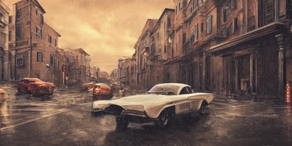 Prompt: rome style, small building, city, street, science fiction, cyberpunk, rain day, wide angle, many old cars, 1 9 6 0 s, planet venus in sky, a lot of lights, cinematic lighting, high detail, digital painting, concept art, illustration, smooth, sharp focus, trending on artstation, trending on deviantart, 4 k