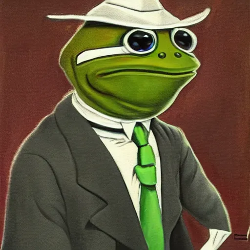Prompt: pepe the frog in suit and tie, painting by Joseph Christian Leyendecker