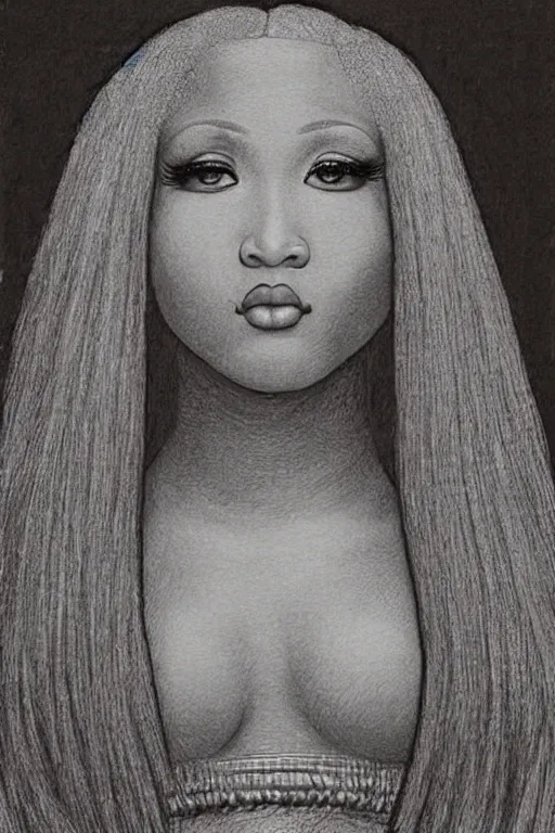 Image similar to a portrait of nicki minaj in the style of leonardo da vinci drawing,, single head, no double head,