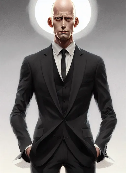 Image similar to ultra realistic illustration, handsome saitama. intricate, black suit, highly detailed, digital painting, artstation, concept art, smooth, sharp focus, illustration, art by artgerm and greg rutkowski and alphonse mucha and wlop